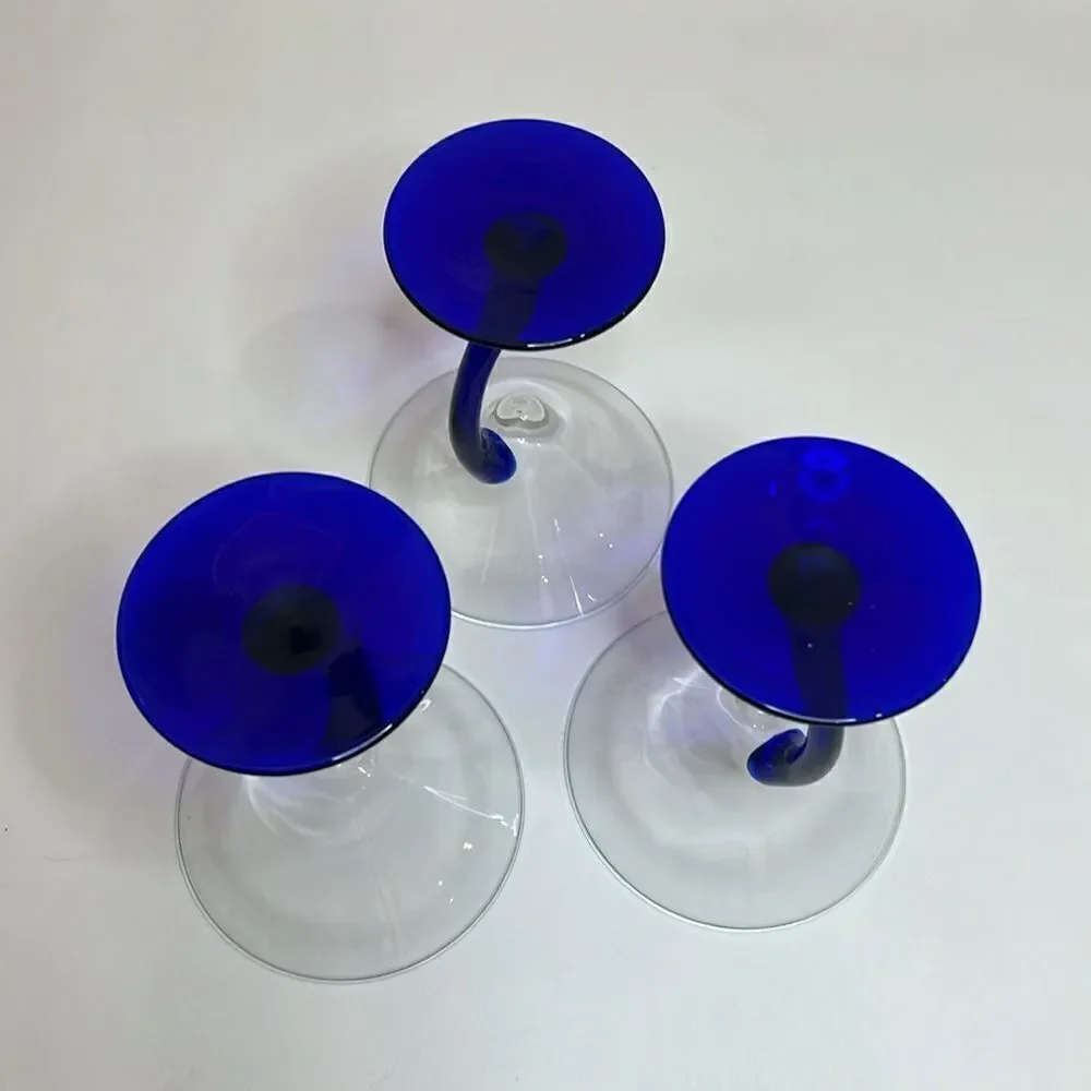 Libby Martini Glasses Cobalt Blue Curved Stem Art Glass Swerve Bravura Set 3